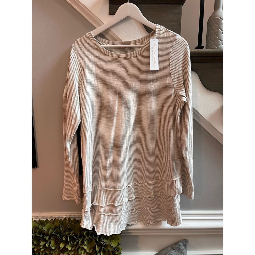 Soft Surroundings Colette Tee Flax Stripe Long Tiered Hem Shirt sz M NWT